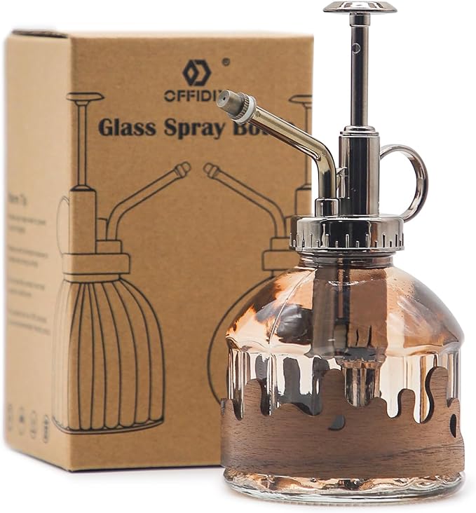 OFFIDIX Glass Plant Mister, 6.3 Inches Tall Vintage Style Spritzer Bronze Plastic Top Pump One Hand Watering Can Indoor Plant Spray Bottle for Garden, Plants, Cleaning (Morning Dew)