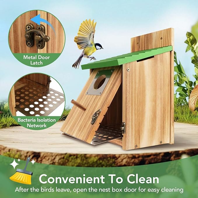 2 Pack Bird Houses for Outside - Cedar Bluebird Houses with Metal Predator Guard, Birdhouse for Wren Bluebirds Finches Swallows, Carbonized Wooden