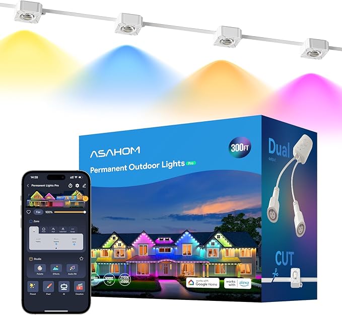 ASAHOM Permanent Outdoor Lights Pro S108E, 300FT with 216 RGBCW LEDs, WLED Integration, AI Lighting, 30000 Lighting Effect Combinations, IP67 Waterproof for Halloween Christmas Daily Decor, White