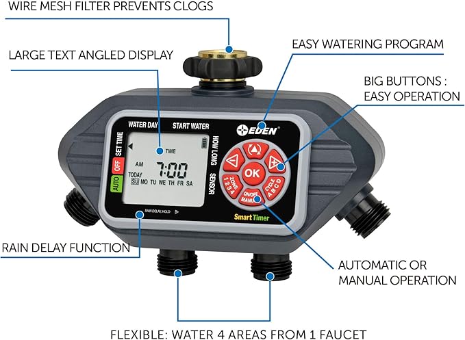 Eden 93413 Programmable Digital Water Timer 4-Zone, Compatible with Wireless Soil Moisture Sensor