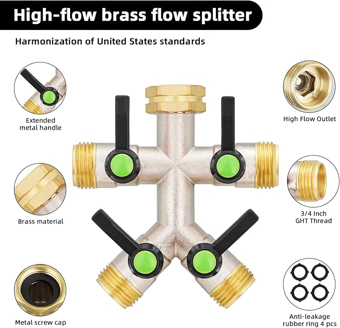 EJW 4 Way Hose Splitter, Heavy Duty Brass Garden Hose Splitter, outdoor faucet Divider 3/4" GHT Thread, Water Hose Splitters,Garden High Flow Hose Splitter,Garden Hose Adapter Connector.