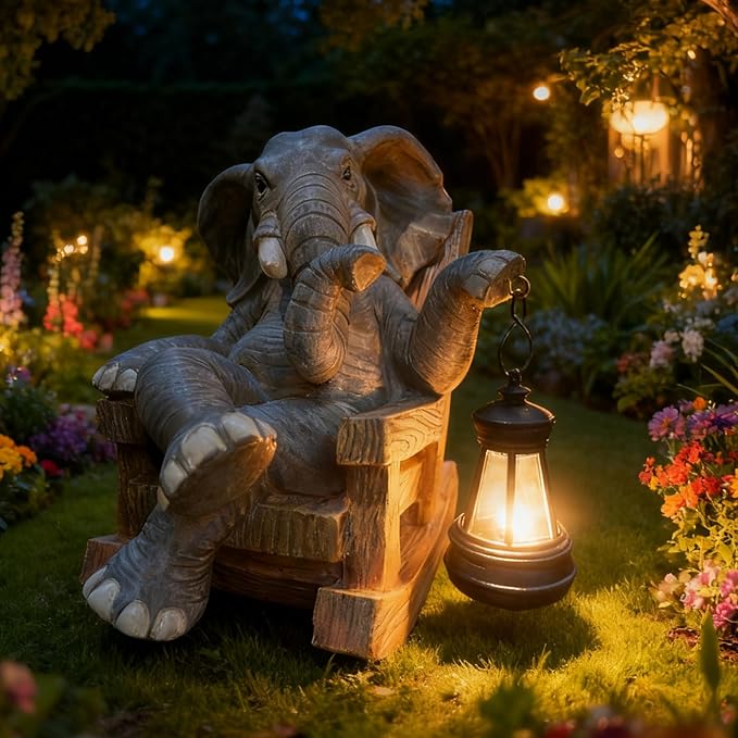Solar Light Rocking Chair Elephant Statue in Garden-8.2''Outdoor Figurine Ornament,Funny Sculpture for Indoor Decor & Unique Gift Choice for Christmas,Thanksgiving,Mother's Day,Birthday!