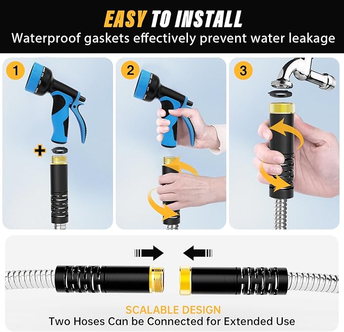 Lefree Garden Hose 50ft, Stainless Steel Garden Hose Metal, Flexible Water Hose with 10-Function Nozzle, Crush Resistant, Leak Proof, No Kinks Heavy Duty Hose for Yard, Outdoors, Rv