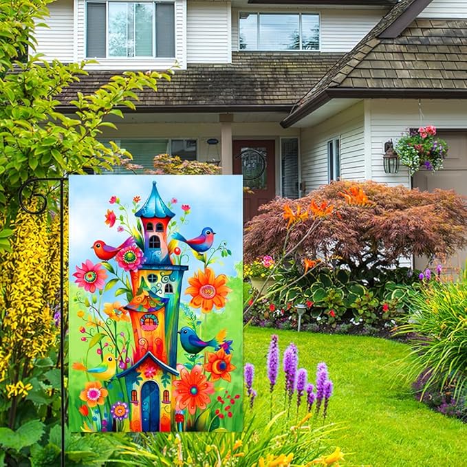 Whimsical Bird Garden Flag 12x18 Inch Double Sided Welcome House Flag Holiday Yard Outdoor Decoration