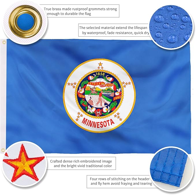 XIFAN Premium Minnesota State Flag 3x5 ft Outdoor, Double Sided Embroidered Image, Heavy Duty 210D Nylon MN Flags, the Strongest Longest Lasting for Outside with Sewn Stripes/Brass Grommets