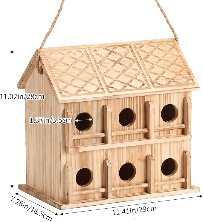 Bird Houses for Outside,12 Hole Bird House Room for 12 Bird Families - Birdhouses for Outdoors Large Hummingbird House (Wooden, Set-1)