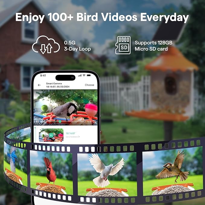 BirdsView Bird Feeder with 2K Ai Camera, Solar Panel, Hummingbird Feeder, Bird House, Live Alerts & Species Recognition โ Ideal for Bird Lovers