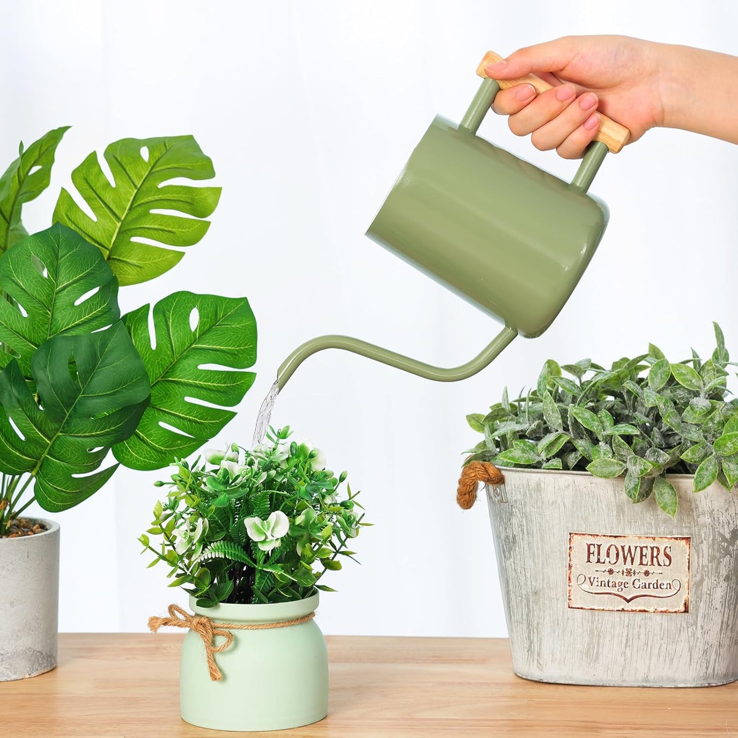 CEWOR Sage Green 35 Oz Metal Watering Can with Long Spout for Indoor & Outdoor Plants