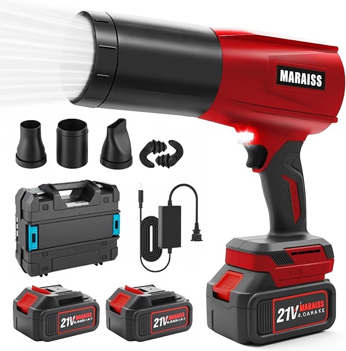 Cordless Leaf Blower with 2 X 4.0A 20000mAh Batteries Brushless Motor, Lightweight Low Decibel Turbo Jet Blower with Pro Earplugs for Patio Cleaning,Car Blowing Water, Blowing Leaves and Dust (Red)