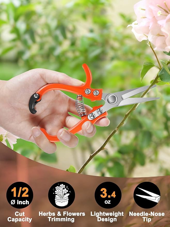 6.7" Lightweight Pruning Scissors, Garden Snips with Straight Stainless Steel Blades and Needle Point Tip, Gardening Trimmers for Flower stems, Herbs, Small Plants, Buds