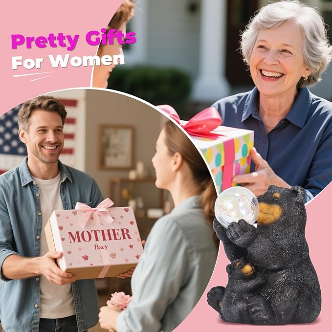 Solar Garden Statues Loving Bear Figurine with Ballon Lights for Outside, Yard Decorations Outdoor, Garden Decor Unique Birthday Housewarming Gifts for Mom, Women