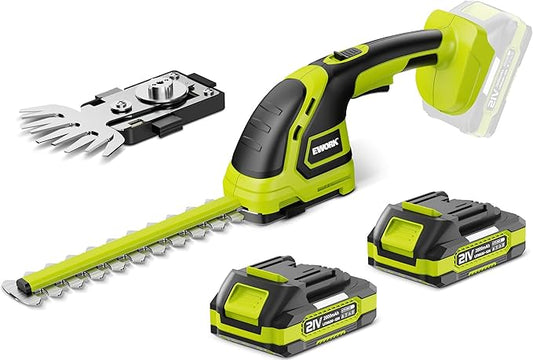 EWORK 21V Cordless Hedge Trimmer & Grass Shears 2-in-1 Handheld Small Electric Bush Trimmer with 2x2.0Ah Battery and Charger, Battery Powered Shrub Trimmer for Garden, Yard, Lawn Maintenance