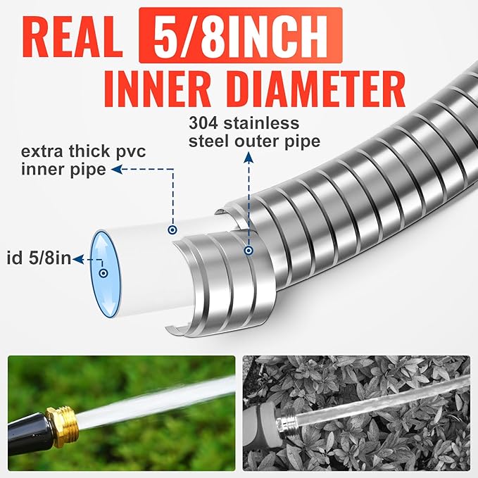 YAMATIC 40FT Stainless Steel Garden Hose with 10 Pattern Spray Nozzle, Heavy Duty Metal Water Hose, Kink-Free, Rust Resistant Hose for Yard, Lawn, RV, Outdoor