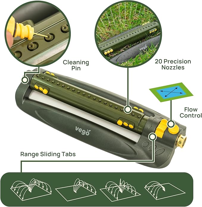 Vego Turbo Oscillating Sprinkler w/Quick Connector Starter Set Metal Base and 20 Precision Nozzles, 3-Way Adjustable for Large Yard and Lawn Covers up to 4973 sq. ft.-Seaweed Green