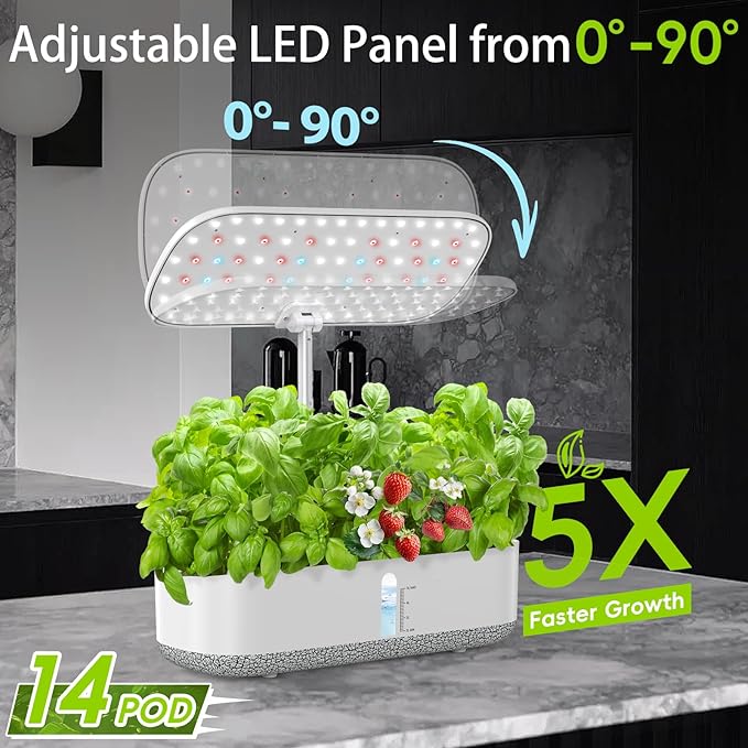 Large Hydroponics Growing System 14 Pods, Indoor Herb Garden with LED Grow Light, 5L Water Tank, Hydroponic Grow Kit with 3 Auto-Timers, Rotatable Light Panel and Child Lock for Home School Gardening