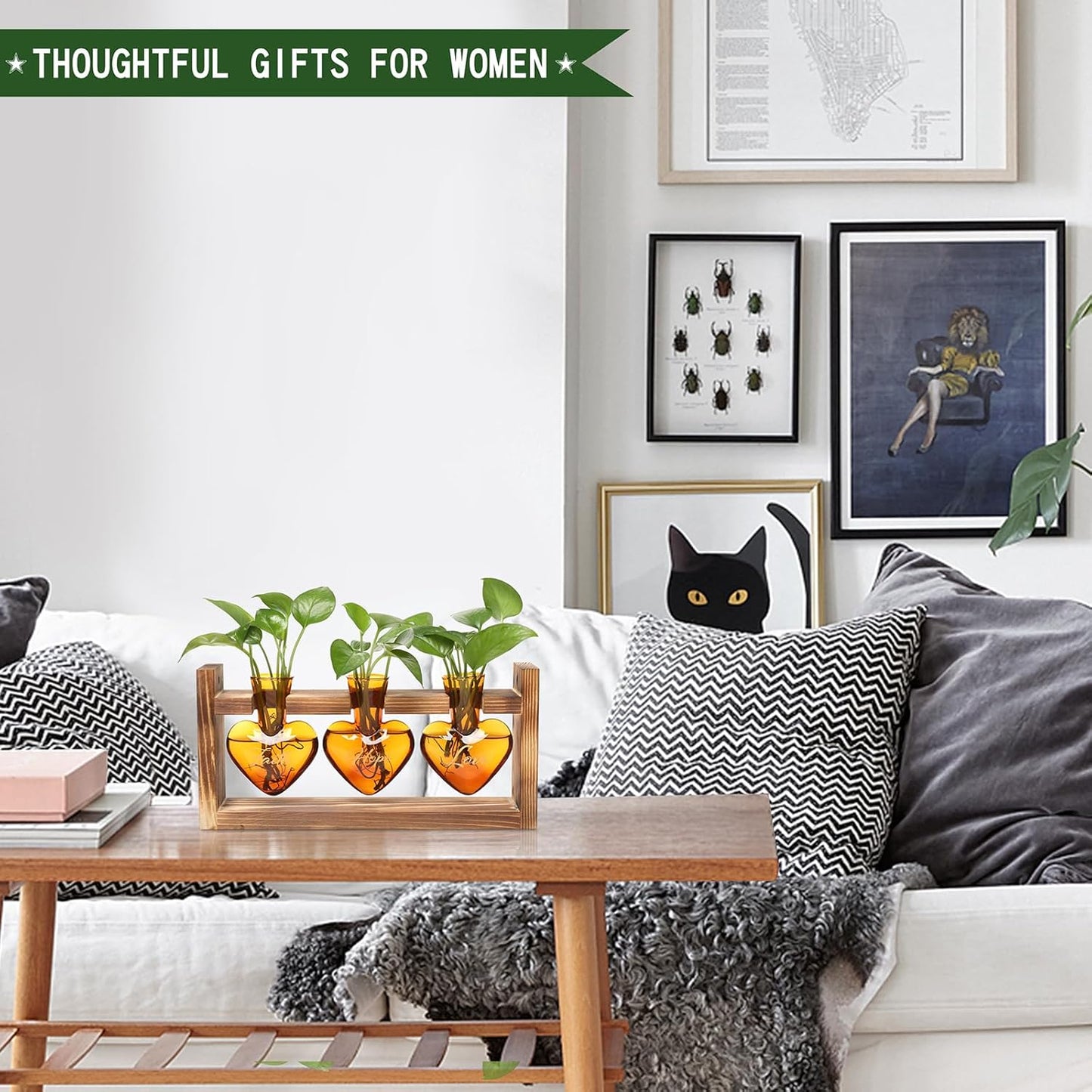 Plant Terrarium Propagation Stations Faith Hope Love Hydroponics Home Garden Decoration Gift for Women with Wooden Stand Heart Shaped Colored Glass Vase