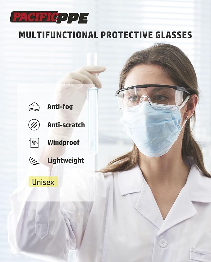 PACIFIC PPE 2 Pack Safety Glasses for Men and Women, ANSI Z87 Anti-fog Eyewear with Scratch Resistant Clear Wraparound Lenses, Adjustable Lab Goggles, UV Protection