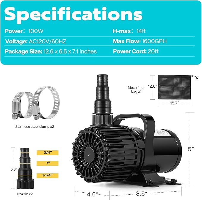 VIVOHOME 100W 1600GPH Submersible Water Pump with 180° Seamless Adjustable Nozzle and Barrier Bag for Koi Pond Waterfall Fountains Fish Tank