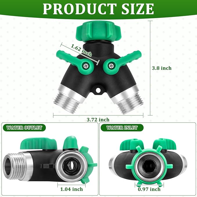 Garden Hose Splitter 2 Way, 304 Stainless Steel Hose Splitter 2 Way Heavy Duty, 3/4" Full Flow Y Valve Water Hose Splitter, Outdoor Faucet Splitter Y Connector for Garden Hose