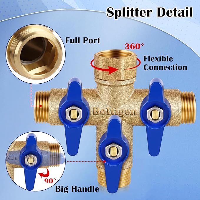 Boltigen 3 Way Garden Hose Splitter with Full Flow Port Heavy Duty Brass Water Hose Splitter 3/4'' GHT "+" Type Hose Connector Fitting Shut off Diverter Control Valve, for Outdoor Faucet Irrigation
