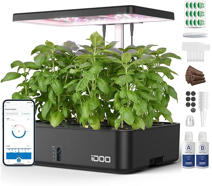 iDOO Hydroponics Growing System Kit 12Pods, Christmas Gifts for Women Mom, Herb Garden Indoor with LED Grow Light for Home, Built-in Fan, Auto-Timer, Adjustable Height Up to 11.3", 12Pods WiFi-Black