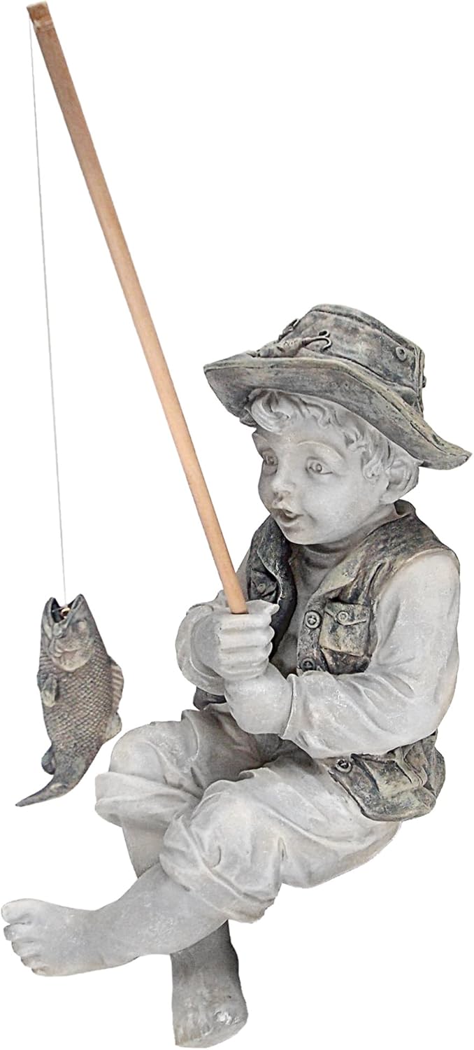 Design Toscano Frederic the Little Fisherman of Avignon Boy Fishing Garden Statue, 15 Inch Tall, Cast Stone Resin, Two Tone Stone Finish