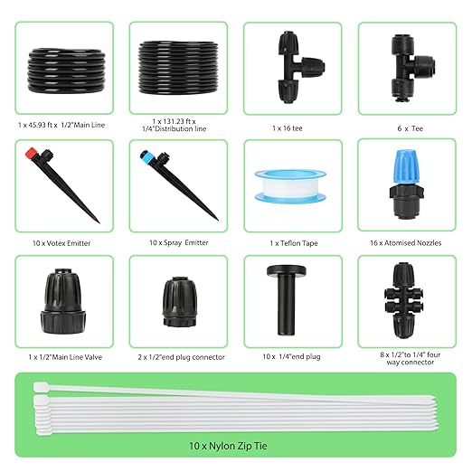 177FT Drip Irrigation Kit โ 2025 New Quick-Connect Micro Irrigation System with 46FT 1/2'' Tubing, Locking Nozzle Emitters, Adjustable Misting Sprayers for Gardens, Lawns, Raised Beds and Greenhouses