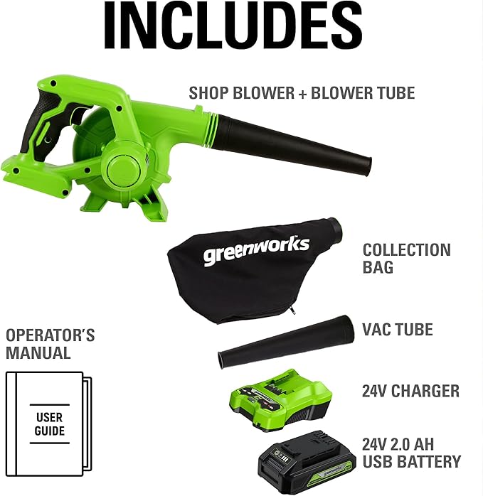 Greenworks 24V (90 MPH / 180 CFM / 150+ Compatible Tools) Cordless Shop Blower, 2.0Ah Battery and Charger Included