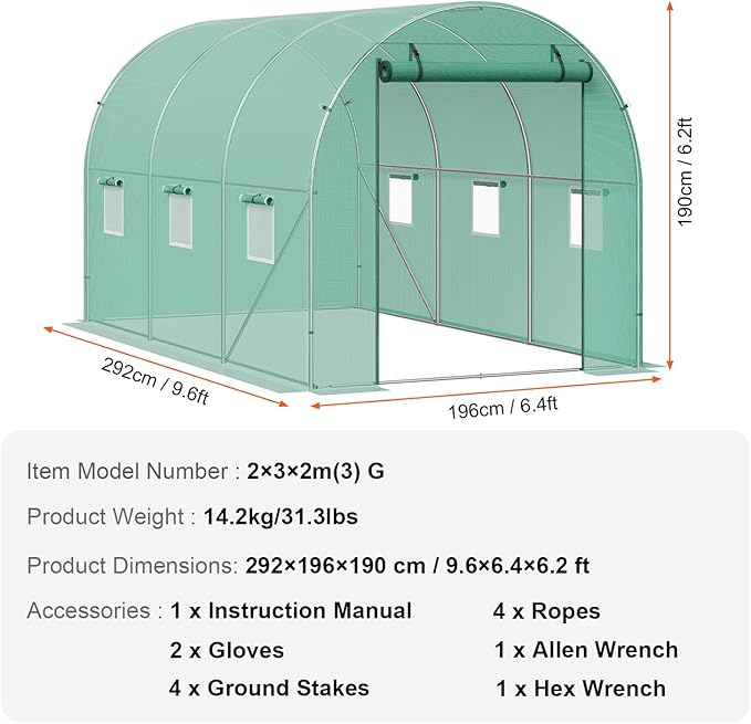 VEVOR Walk-in Tunnel Greenhouse, 9.6x6.4x6.2 ft Hoop House Greenhouse Tunnel, Plant Hot House with Galvanized Steel Frame, Green PE Cover, Roll-up Zipper Door and 6 Windows for Outdoor