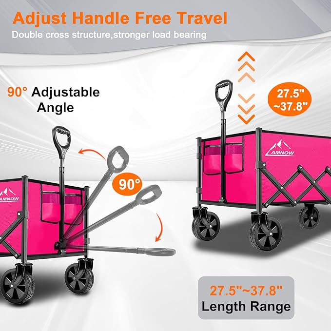 Collapsible Folding Wagon Cart, 350LBS Utility Large Capacity Cart Foldable Wagon with All Terrain Wheels, Grocery Wagons Carts for Garden Shopping Sports Camping, Rose