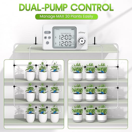 Automatic Watering System Dual Pump for Indoor Plants, Built-in Rechargeable Battery, Two Independent Water Zones, Worry-Free Vacation Drip Irrigation Kit, Water-Saving Smart Plant Waterer, White