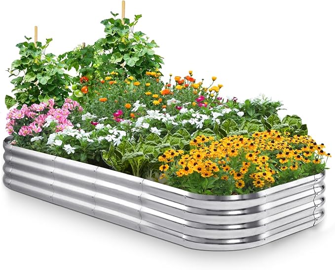 Quictent Galvanized Raised Garden Bed Kit, 6x3x1ft Oval Large Metal Outdoor Planting Box, Ground Planter Strengthened by Crossbar, Silver