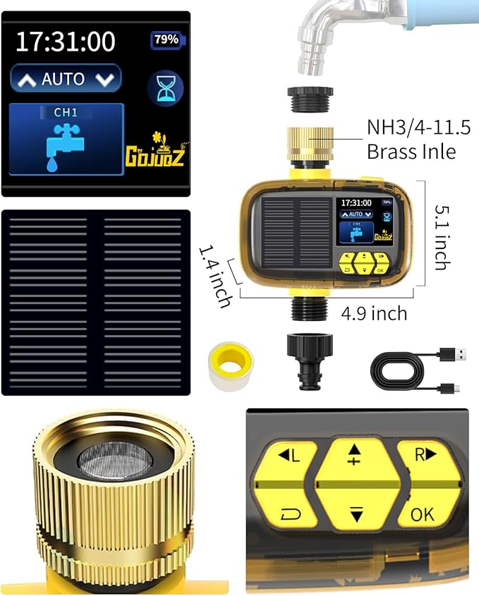 Solar Sprinkler Timer, Hose Timers for Watering - Programmable Water Timer for Garden/Yard, Brass Connector, Manual/Rain Delay Modes Outdoor Irrigation