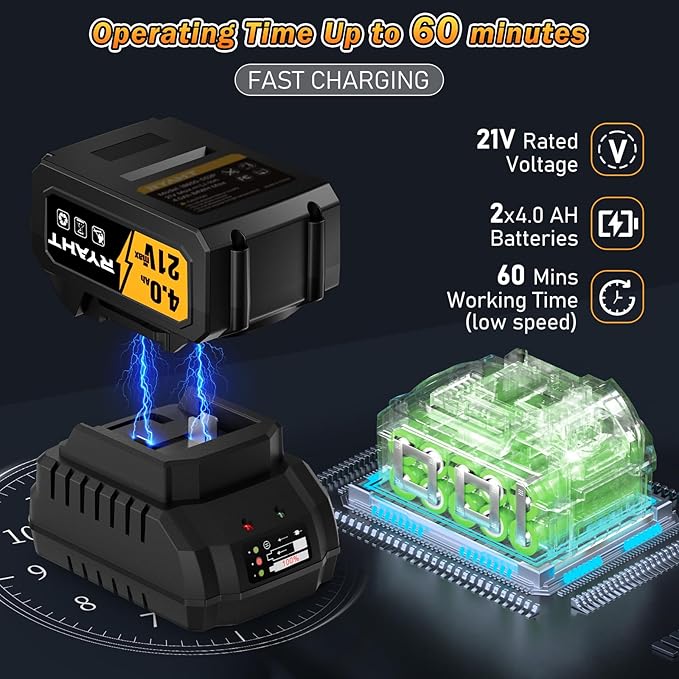 RYAHT Leaf Blower Cordless, 21V Powerful Electric Leaf Blower with 2 X 4.0Ah Batteries and Charger, 2 Speed Modes, Handheld Lightweight Leaf Blowers for Lawn Care, Patio, Dust, Blowing Leaves, Yellow