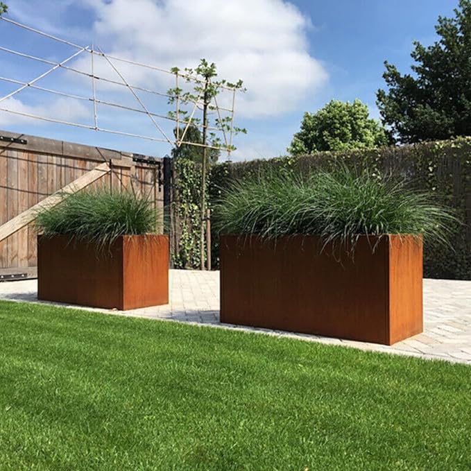 Corten Steel Corner Metal Planter Box L36 x W12 x D16 Rusted Garden Steel Planter Pot for Patio Modern Farmhouse Rustic Design (L36 x W12 x D16, Rusted)