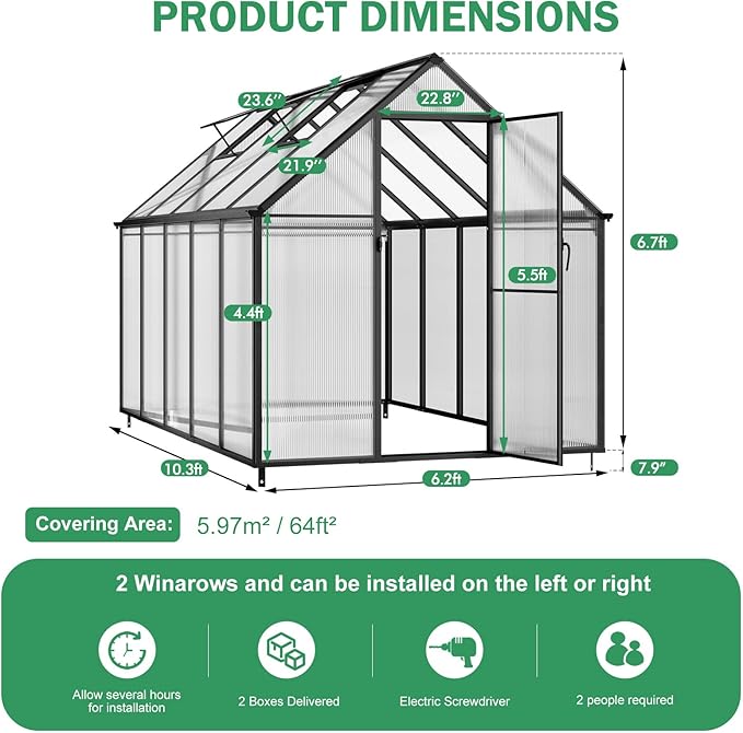 CDCASA 10.3x6.2 FT Greenhouse for Outdoors, Easy Assembly Thicker Aluminum Heavy Duty Polycarbonate Greenhouses Kit w/2 Vent Window, Swing Door, Walk-in Green House for Sunroom Patio,Backyard
