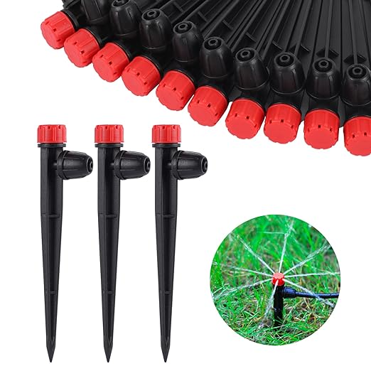 Drip Irrigation Emitters Adjustable 360 Degree Drip Emitters on 5" with Stake for 1/4" Drip Irrigation Tubing,Irrigation Drippers Ideal for (4-7mm) Garden House Watering System. (25pcs-Red Drip)