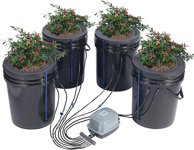 VEVOR DWC Hydroponics Grow System, Hydroponic Growing System with Top Drip Kit, Deep Water Culture 5-Gallon 4 Buckets, with Air Pump, Air Stones and Water Level Device for Leafy Vegetables
