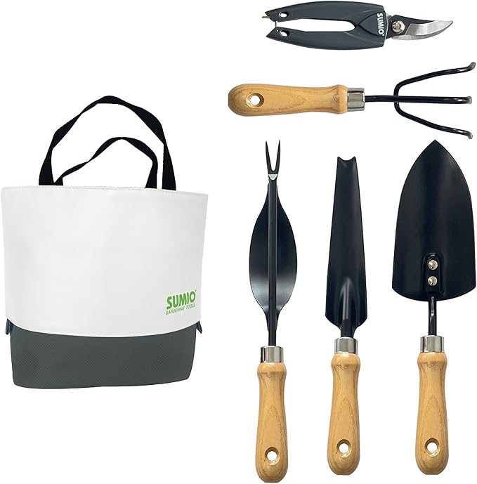 SUMIO 6-Piece Gardening Hand Tool Set – Includes Trowel, Transplanter, Cultivator, Lever Weeder, Bypass Pruner & Storage Bag – Garden Tools Kit for Planting, Weeding, and Pruning (Gray)