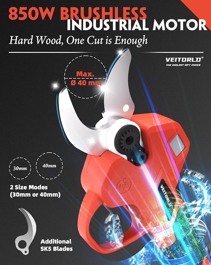 VEITORLD 2-IN-1 Cordless Electric Pole Pruning Shears, 15ft Reach, 1.6" Cutting Diameter, Battery Powered with 2x 2000mAh, Brushless Motor for Efficient Garden Tree Trimming, Branch Cutting(Red)