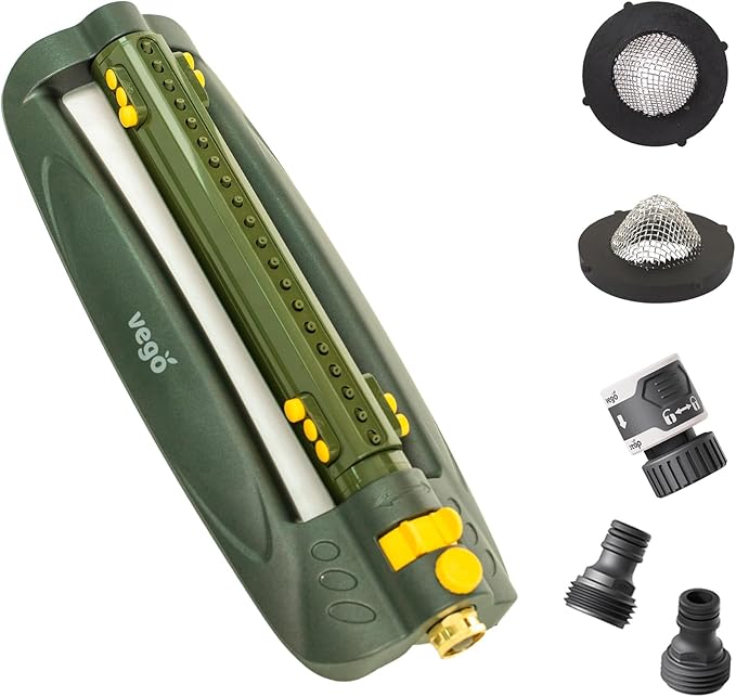 Vego Turbo Oscillating Sprinkler w/Quick Connector Starter Set Metal Base and 20 Precision Nozzles, 3-Way Adjustable for Large Yard and Lawn Covers up to 4973 sq. ft.-Seaweed Green