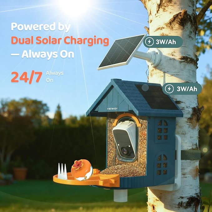Smart Bird Feeder with Camera Outdoor Birdhouse:AI Identifies 11000+ Species, Features 2K 3MP HD Quality and Arrived Alerts Function,Powered by Dual Solar Panels,Gifts for Bird Lovers, Mom Dad