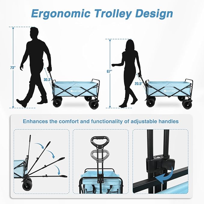 Yesker Foldable Wagon - 300lbs Collapsible Garden Carts with All Terrain Wheels for Outdoor Camping Sports Shopping Gardening - Heavy Duty Portable Utility Trolley (Blue)