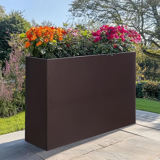 SUNNYPARK Large Metal Planter Box 32”x 12”x 24”, Rectangular Modern Brown Metal Planter Box Heavy Duty with Drainage Holes for Outdoor Garden Patio