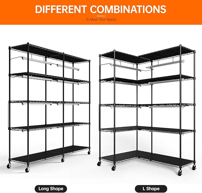 Bstrip 5-Tier Corner Plant Stand with Grow Lights, Large L-Shaped or Long Shape Indoor Plant Shelf, 8 Pack 192W T8 Full Spectrum Grow Lights for Indoor Plants & Seed Starting (58L x 13.8W x 59H)