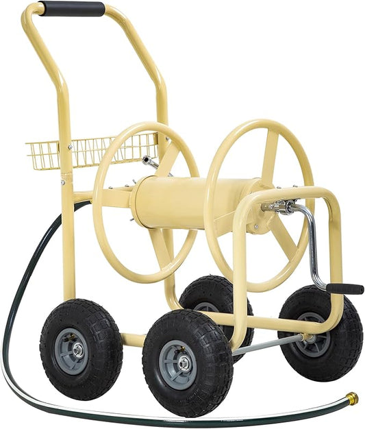 Hose Reel Hold Up To 300 Ft Heavy Duty Garden Hose Reel Sturdy Water Hose Reel Cart with 4 Wheels Storage Basket for Garden Lawn Yard Outdoor (Tan)