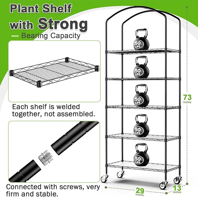 Abimars 5-Tier Greenhouse with Caster Wheel, Each Shelf Height Adjustable Metal Plant Shelf with PVC Cover for Seed Starting Trays, Seedling Pots, Plant Pots, 13x29x73inch