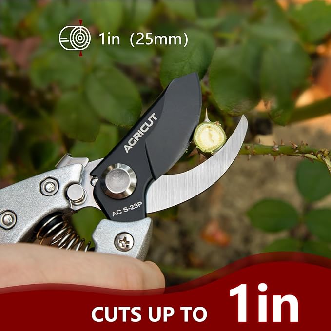 AGRICUT Pruning Shears for Gardening - 1 Inch Cut Capacity Bypass Pruners with High Carbon Steel Blade Aluminum Handle Pruning Shears Heavy Duty