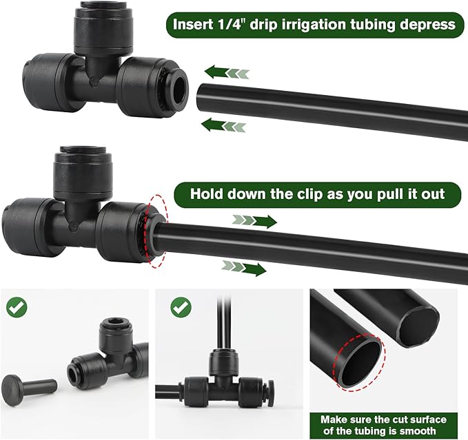 30Pcs 1/4'' Drip Irrigation Tee Connectors with 4Pcs Plugs, Kalolary Drip Irrigation Fittings for 4/7mm Irrigation Tubing 3 Hose Quick Connectors Leak Free Splitter Fitting for Water Irrigation System