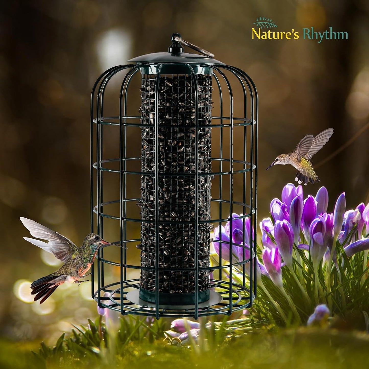 Nature's Rhythm Outdoor Hanging Bird Feeder Cage Mesh Tube Squirrel Proof Wild Bird Feeder with Large Metal Seed Guard Deterrent